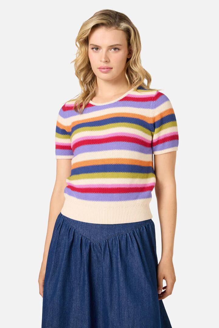 Image of a model wearing Tops. Productname: Perri Stripe Knit Top in Multi colour by brand - Princess Highway