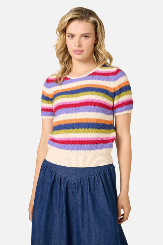 Image of a model wearing Tops. Productname: Perri Stripe Knit Top in Multi colour by brand - Princess Highway