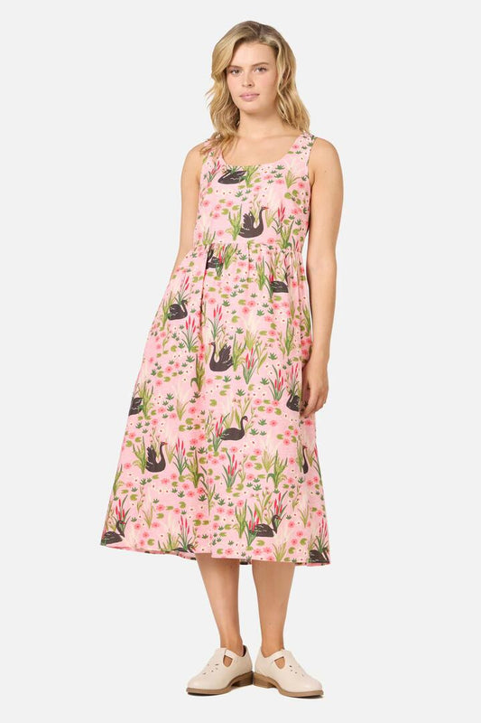 Image of a model wearing Dress. Productname: Pretty Swan Midi Dress in Pink colour by brand - Princess Highway