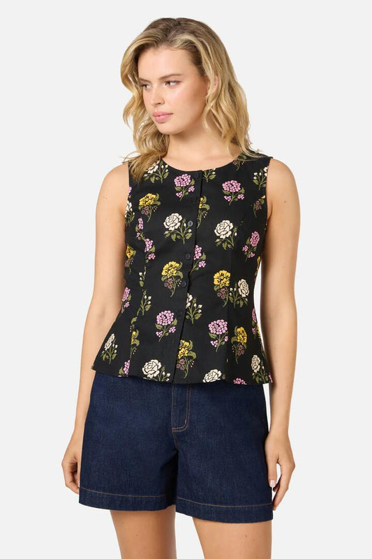 Image of a model wearing Tops. Productname: Astrid Rose Button Front Top in Black colour by brand - Princess Highway