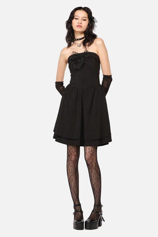Image of a model wearing Dress. Productname: Rococo Life Goth Spider Web Trim Dress in Black colour by brand - Dangerfield