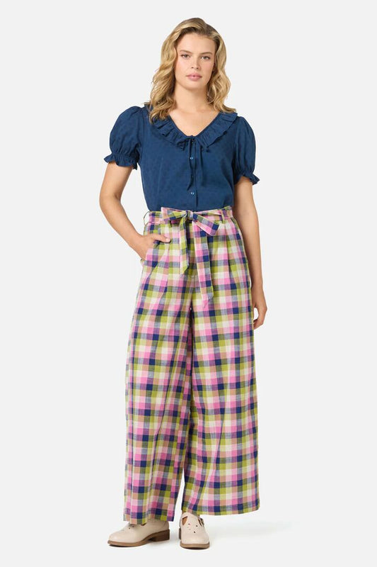 Image of a model wearing Pants. Productname: Cassie Check Culotte in Blue Multi colour by brand - Princess Highway
