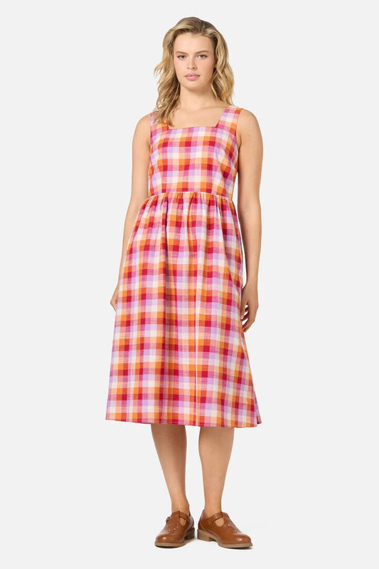 Image of a model wearing Dress. Productname: Cassie Check Midi Dress in Red Multi colour by brand - Princess Highway