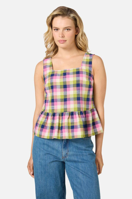 Image of a model wearing Tops. Productname: Cassie Check Peplum Top in Blue Multi colour by brand - Princess Highway