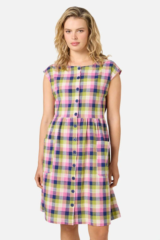 Image of a model wearing Dress. Productname: Cassie Check Smock Dress in Blue Multi colour by brand - Princess Highway