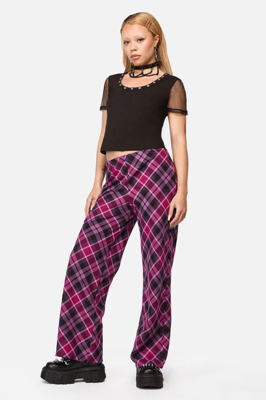 Image of a model wearing Pants. Productname: Predictions Tartan Pant in Plum/Black colour by brand - Black Friday