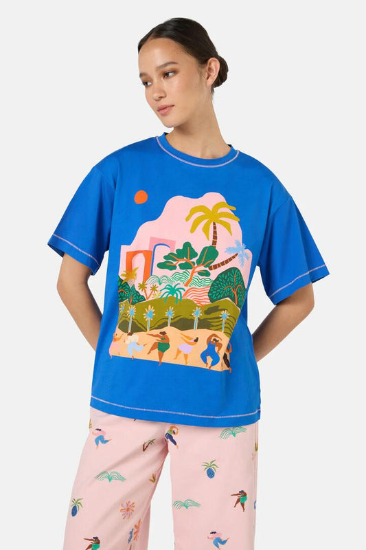 Image of a model wearing Tops. Productname: Hidden Paradise Placement OS Tee in Print colour by brand - Gorman