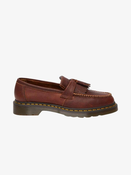 Image of Flats. Productname: Dr Martens Adrian Yellow Stitch Tassel Loafer in Cashew Ambassador colour by brand - Dr Martens