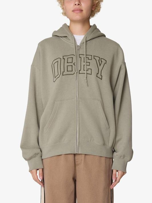 Image of a model wearing Outerwear. Productname: Obey Collegiate Baggy Relaxed Zip Hood in Shadow colour by brand - Obey