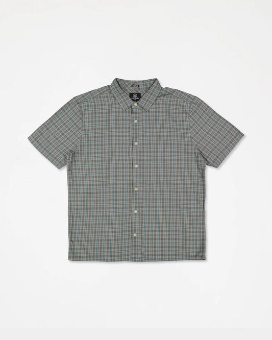 Image of a model wearing Tops. Product name - Volcom Mens Lynnfield Short Sleeve Shirt Pewter in Pewter colour by brand - Volcom
