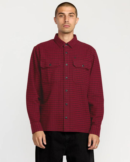Image of a model wearing Tops. Productname: Volcom - Mens Augustone Long Sleeve Shirt - Merlot - in Merlot colour by brand - Volcom
