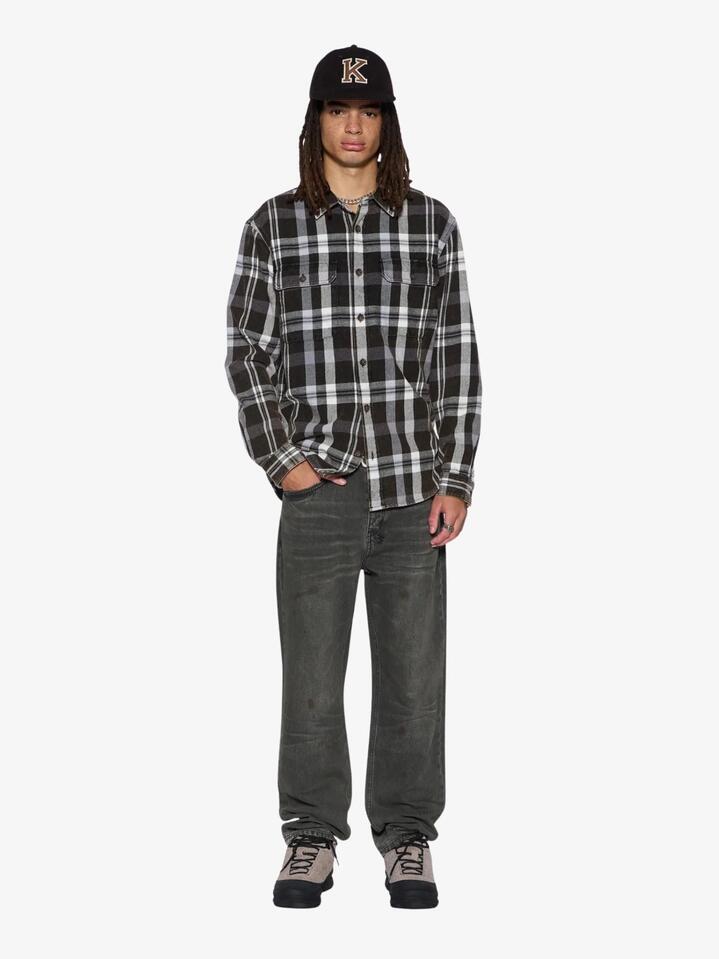 Image of a model wearing Denim. Productname: Ksubi Anti K Jeans in Mechanik Grey colour by brand - Ksubi