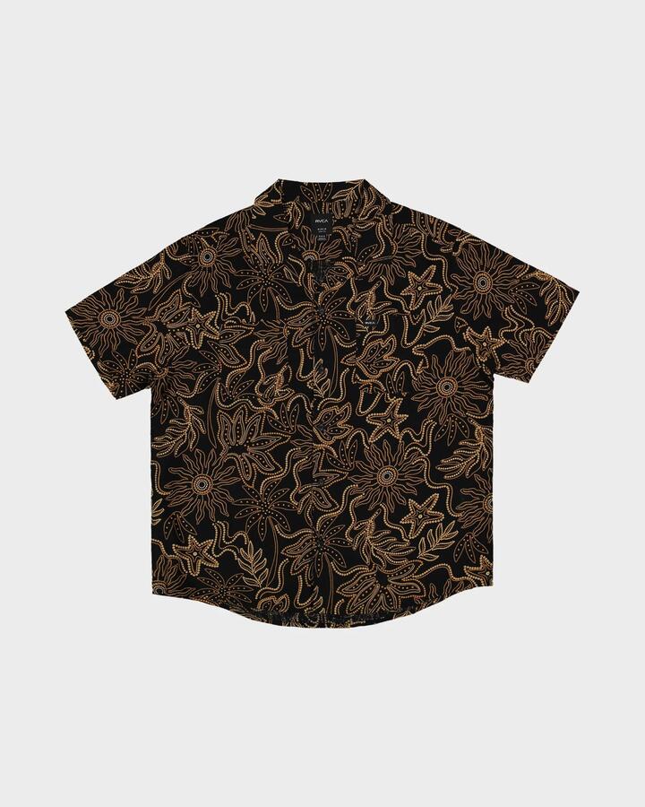 Image of a model wearing Tops. Product name - RVCA Mens After Hour Short Sleeve Shirt Rvca Black in Rvca Black colour by brand - RVCA
