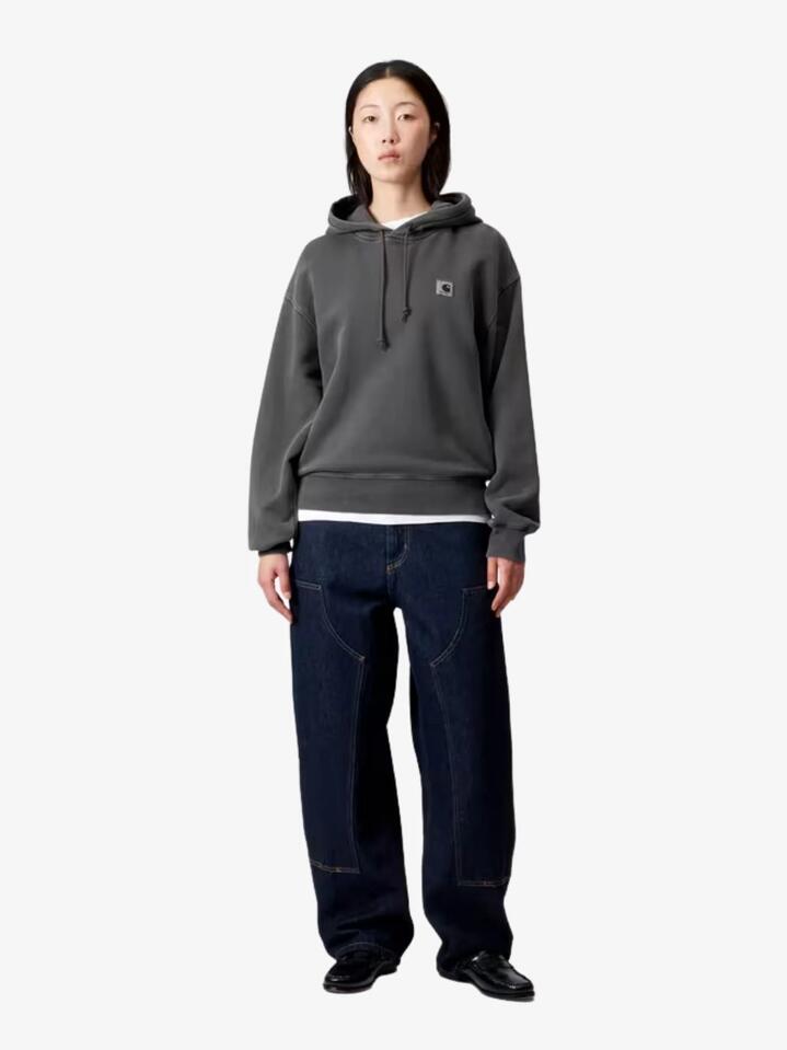Image of a model wearing Outerwear. Productname: Carhartt Wip Women's Hooded Nelson Sweatshirt in Black Garment Dyed colour by brand - Carhartt Wip