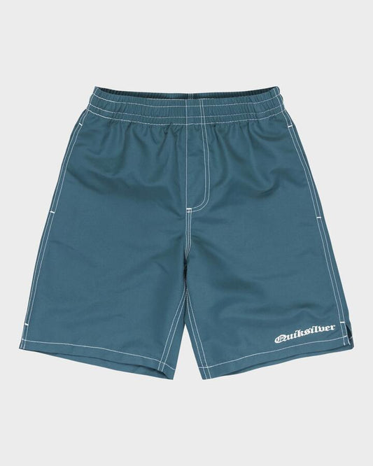 Image of a model wearing Shorts. Productname: Quiksilver Boys 8-16 Mercury Volley 16" Swim Shorts Orion Blue - in Orion Blue colour by brand - Quiksilver