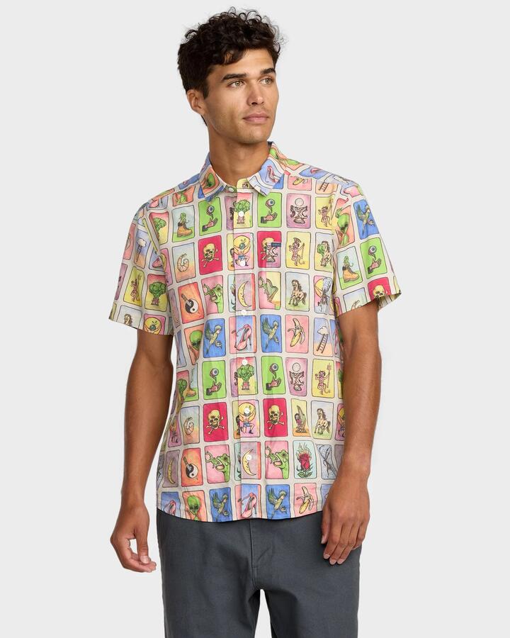 Image of a model wearing Tops. Productname: RVCA Mens Ksl Tarjeta Short Sleeve Shirt Multi - in Multi colour by brand - RVCA