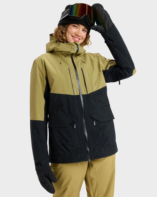 Image of a model wearing Outerwear. Productname: Roxy Womens Gore-Tex Stretch Purelines Snow Jacket Fennel Seed - in Fennel Seed colour by brand - Roxy