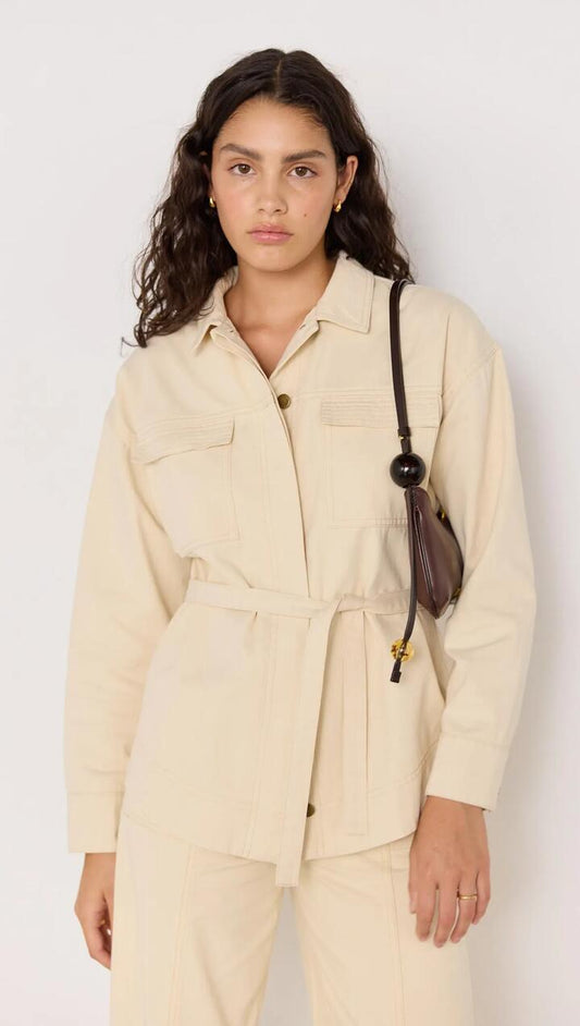 Image of Coats & Jackets. Product name - Jane Belted Drill Shacket in Ivory colour by brand - MINKPINK