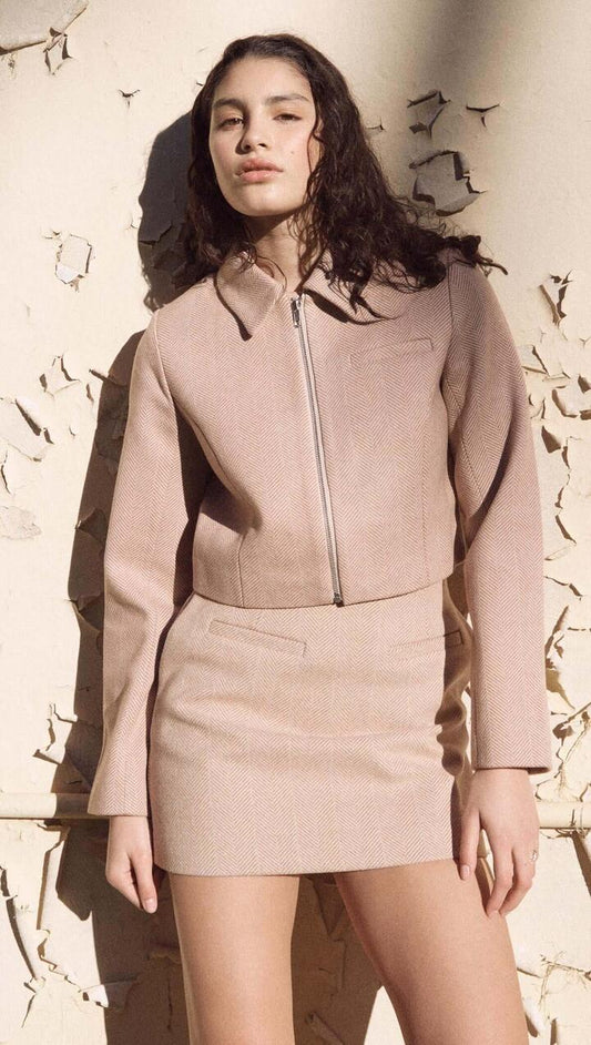 Image of Coats & Jackets. Product name - Audrey Herringbone Jacket in Beige colour by brand - MINKPINK