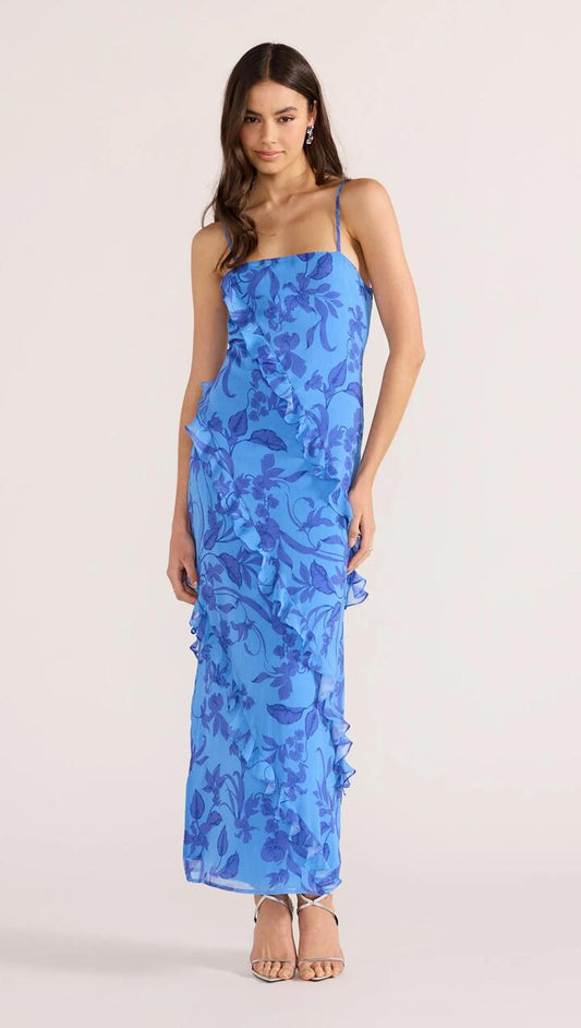 Image of Dresses. Product name - Jeanne Ruffle Maxi Dress in Blue-Floral colour by brand - MINKPINK