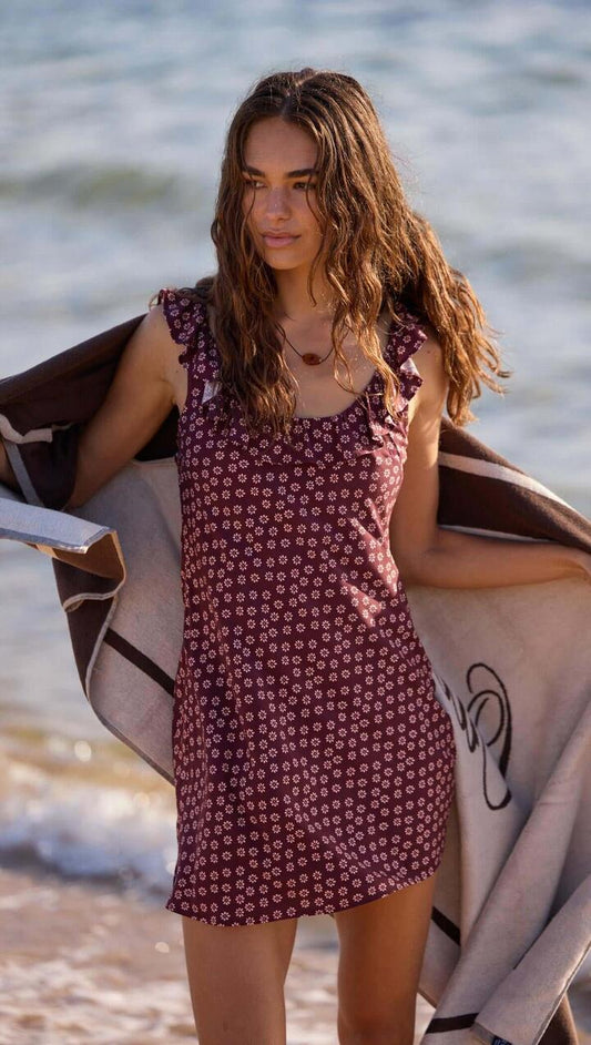 Image of Dresses. Product name - Ruffle Strap Low-Back Mini Dress in Burgundy Floral Print in Burgundy Floral colour by brand - MINKPINK
