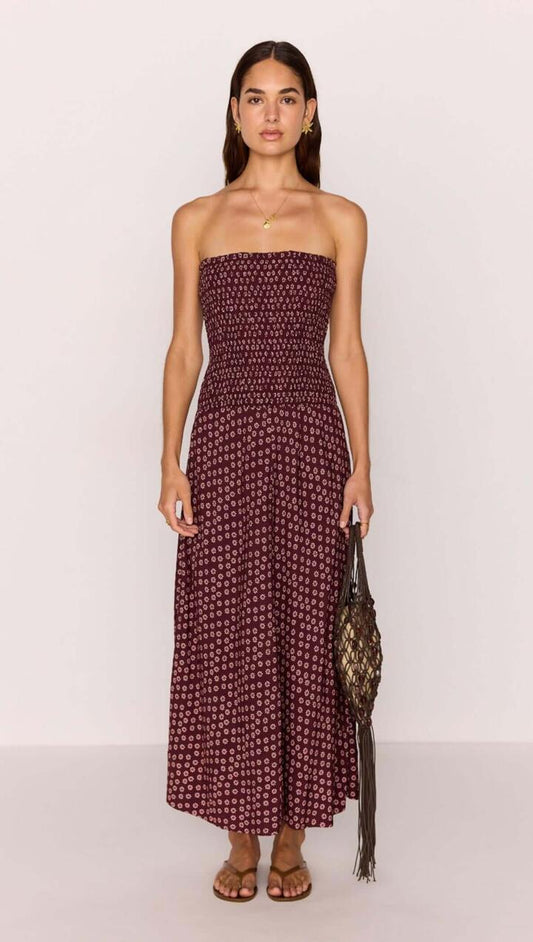 Image of Dresses. Product name - Strapless Ruched Bodice Maxi Dress in Burgundy Floral Print in Burgundy Floral colour by brand - MINKPINK