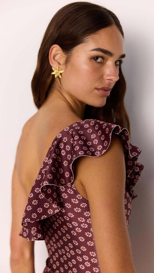 Image of Swimwear. Product name - Ruffle One-Shoulder One Piece Swimsuit in Burgundy Floral Print in Burgundy Floral colour by brand - MINKPINK
