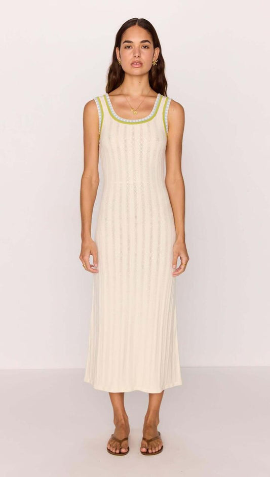 Image of Dresses. Product name - Knit Midi Dress in White with Contrast Green Trim in Cream colour by brand - MINKPINK