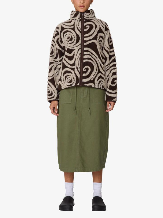 Image of a model wearing Outerwear. Productname: Obey Swirls Jacquard Zip Jacket in Brown Multi colour by brand - Obey