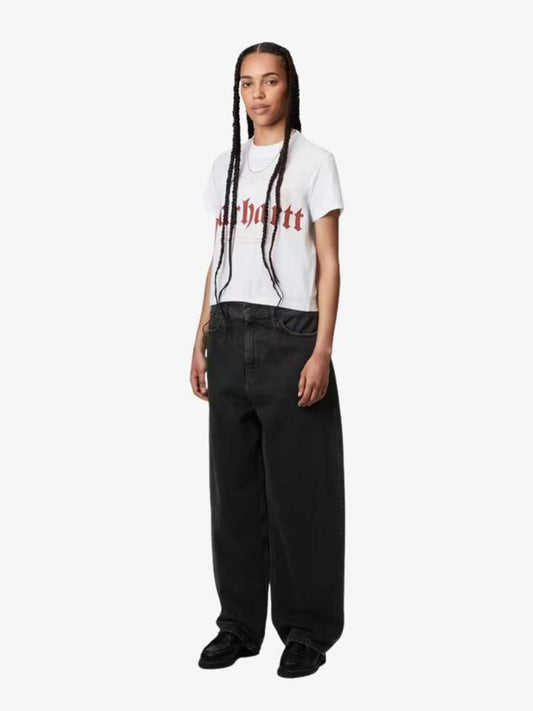 Image of a model wearing Pants. Productname: Carhartt Wip Women's Brandon Pants in Black Stone Washed colour by brand - Carhartt Wip