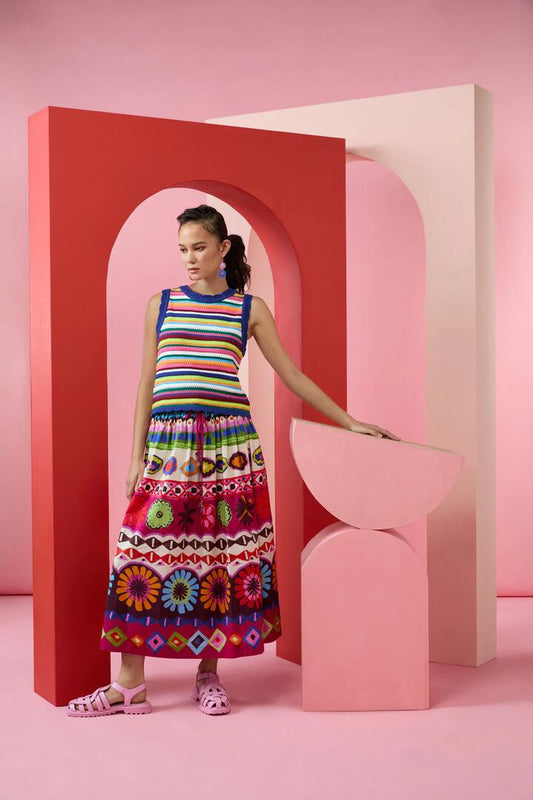 Image of a model wearing Skirts. Productname: Tropic Pop Skirt in Print colour by brand - Gorman