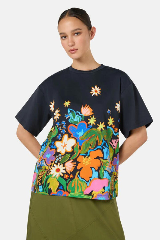 Image of a model wearing Tops. Productname: Midnight Garden Placement Oversized Tee in Print colour by brand - Gorman