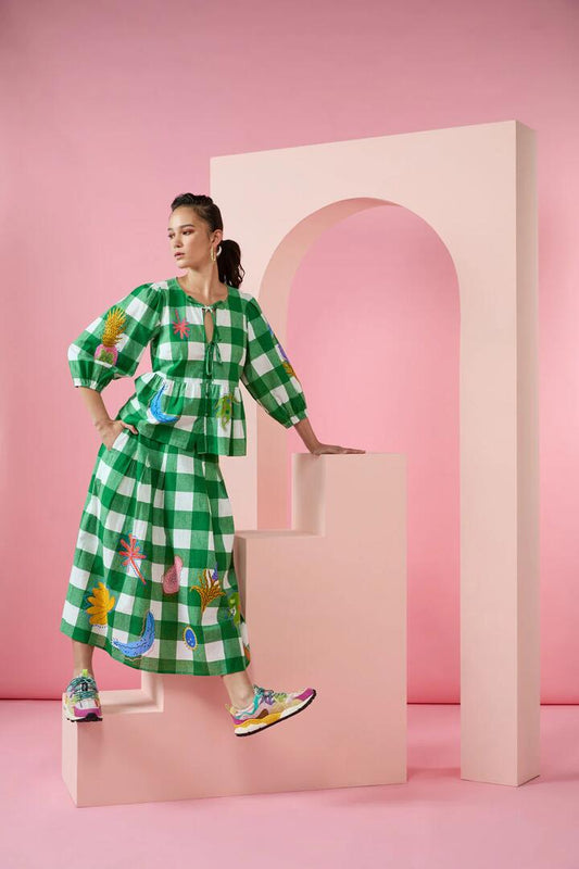 Image of a model wearing Skirts. Productname: Rainforest Diaries Midi Skirt in Check colour by brand - Gorman