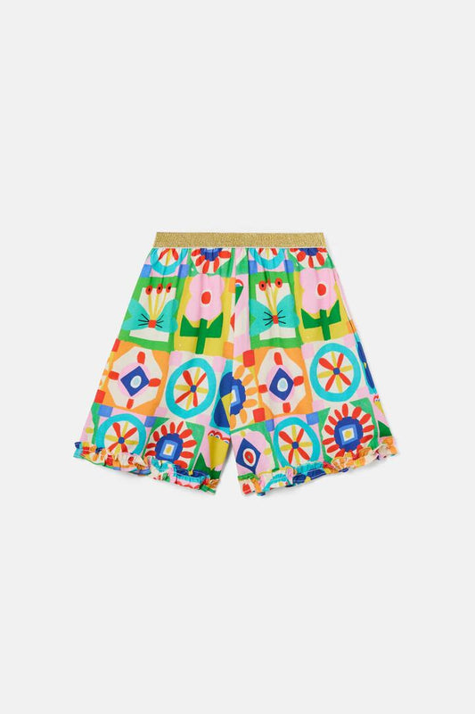 Image of a model wearing Shorts. Product name - Hideout Geo Kids Frill Shorts in Multi colour by brand - Gorman