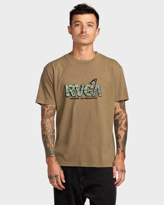 Image of a model wearing Tops. Productname: RVCA Mens Butterfly Fx T-Shirt Coyote - in Coyote colour by brand - RVCA
