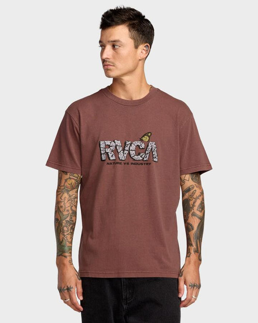 Image of a model wearing Tops. Productname: RVCA Mens Butterfly Fx T-Shirt Red Earth - in Red Earth colour by brand - RVCA