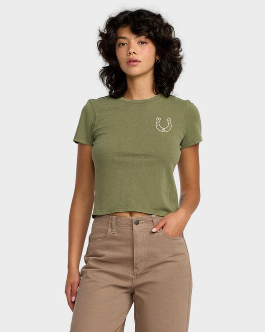 Image of a model wearing Tops. Productname: RVCA Womens 411 T-Shirt Cypress Green - in Cypress Green colour by brand - RVCA