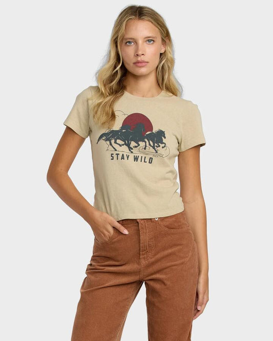 Image of a model wearing Tops. Productname: RVCA Womens 411 T-Shirt Eucalyptus - in Eucalyptus colour by brand - RVCA