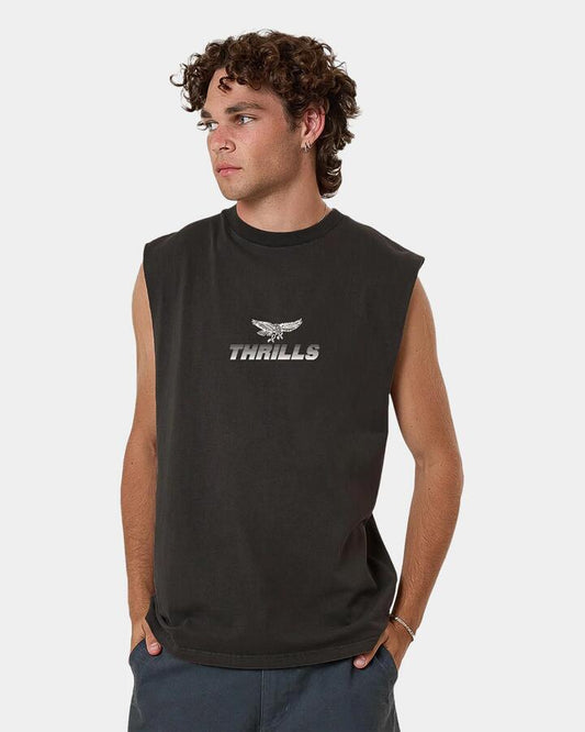Image of a model wearing Tops. Productname: Thrills Mens Paradise Before Anarchy Muscle Black - in Black colour by brand - Thrills