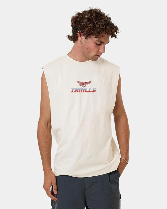 Image of a model wearing Tops. Productname: Thrills Mens Paradise Before Anarchy Muscle White - in White colour by brand - Thrills