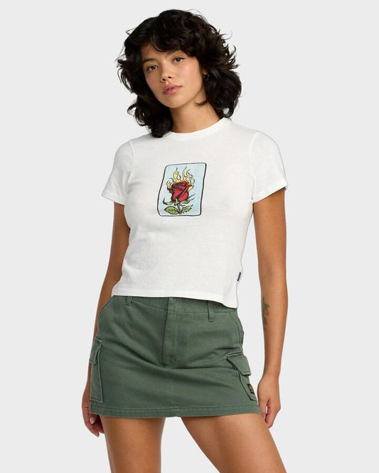 Image of a model wearing Tops. Productname: RVCA Womens Spanky Loteria T-Shirt Vintage White - in Vintage White colour by brand - RVCA