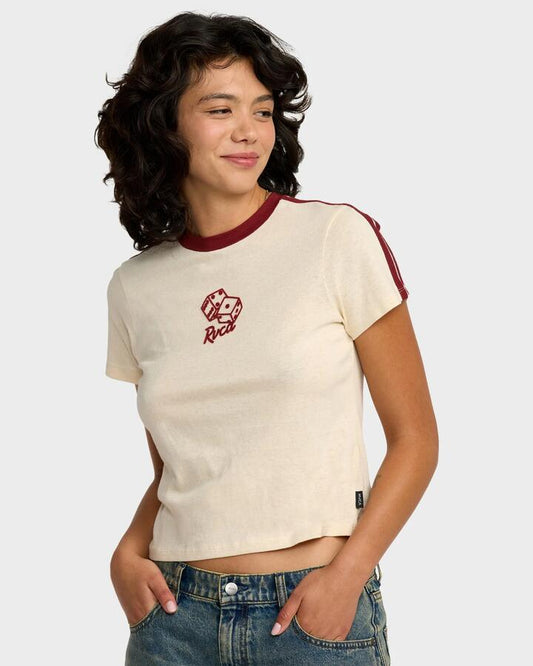 Image of a model wearing Tops. Productname: RVCA Womens That Balance T-Shirt Sand - in Sand colour by brand - RVCA