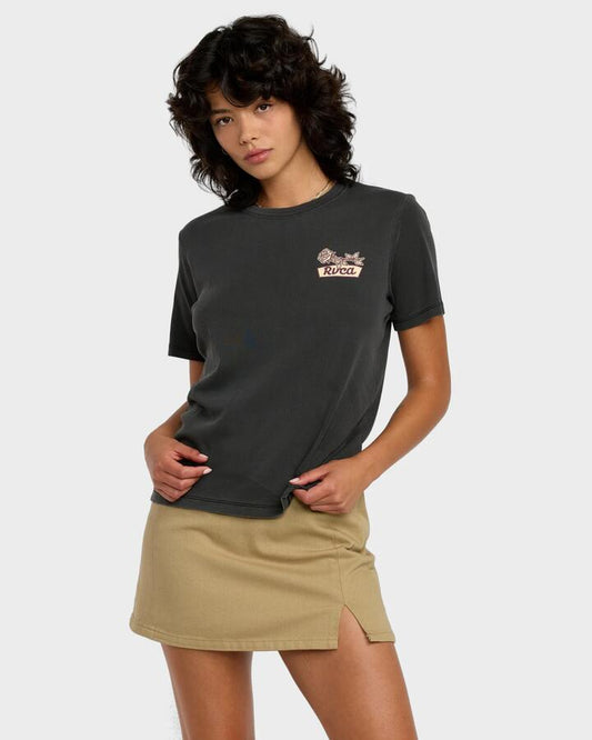 Image of a model wearing Tops. Productname: RVCA Womens Dailty T-Shirt Washed Black - in Washed Black colour by brand - RVCA