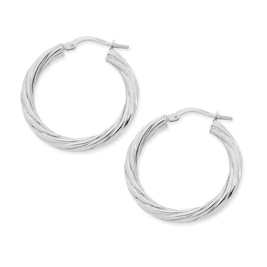 Image of Earrings. Productname: 9ct White Gold Silver Infused Twist Hoop Earrings 2mm x 15mm in Gold colour by brand - Bevilles