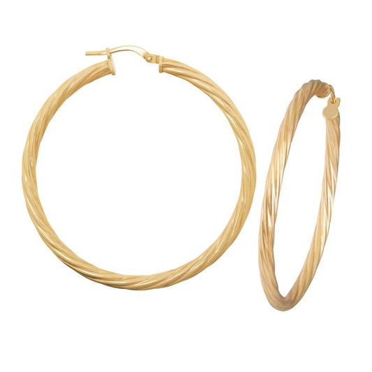 Image of Earrings. Productname: Twist Hoop Earrings 40mm in 9kt Yellow Gold Silver Infused in Gold colour by brand - Bevilles