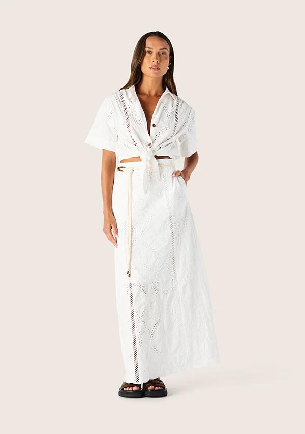 Image of a model wearing Skirts. Productname: Alicia Maxi Skirt in Optic White colour by brand - MOS The Label