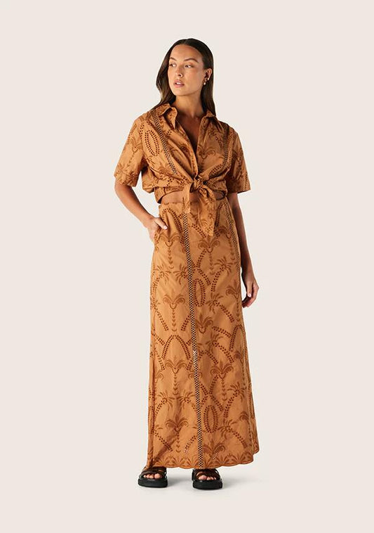 Image of a model wearing Skirts. Productname: Alicia Maxi Skirt in Nutshell colour by brand - MOS The Label