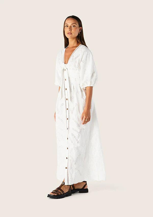 Image of a model wearing Dress. Productname: Alicia Midi Dress in Optic White colour by brand - MOS The Label