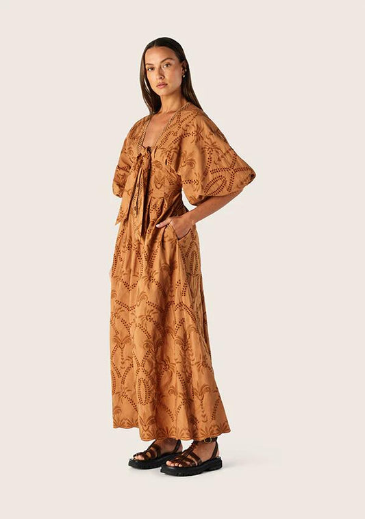 Image of a model wearing Dress. Productname: Alicia Midi Dress in Nutshell colour by brand - MOS The Label