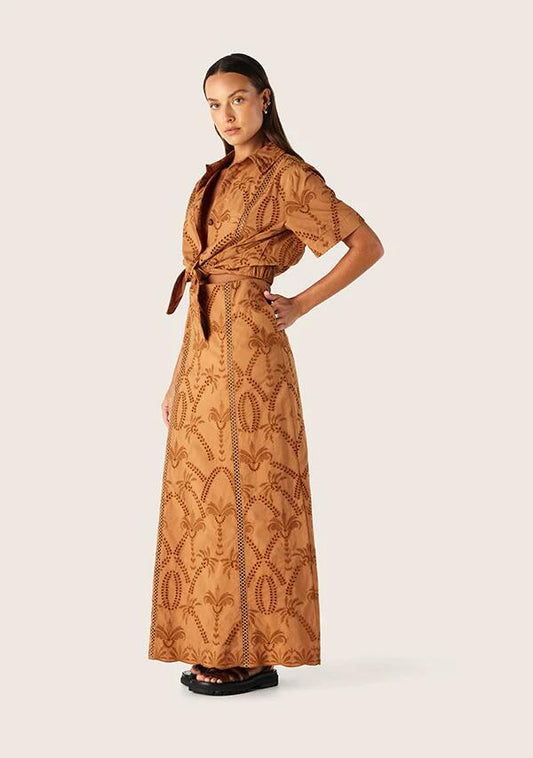 Image of a model wearing Tops. Productname: Alicia Tie Front Shirt | MOS The Label in Nutshell colour by brand - MOS The Label